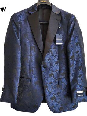 40R Dinner Jacket Blue Paisley Black Satin Notch Lapel Formal Slim Fit New Mens